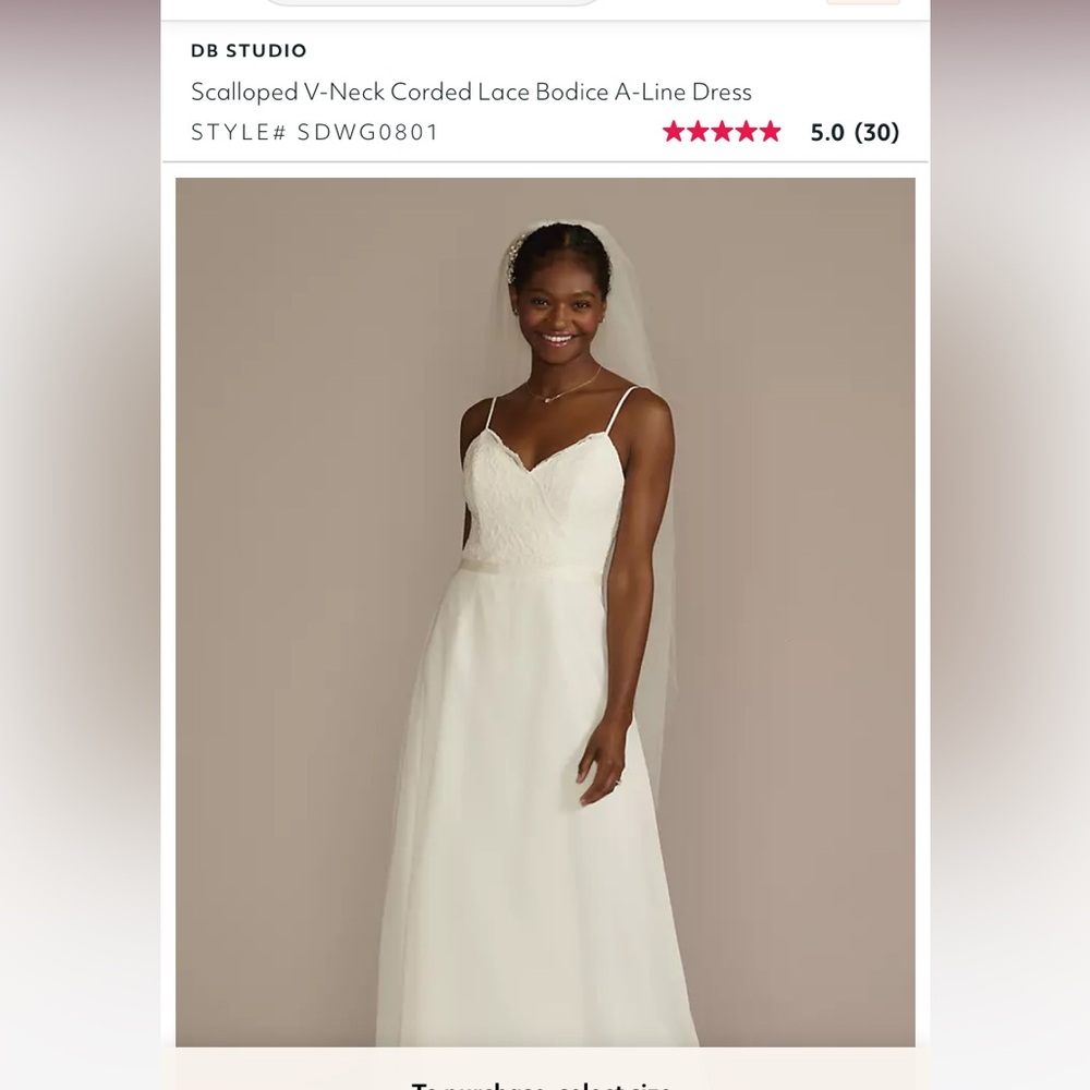 David’s bridal white size 18w Scalloped V-Neck Corded Lace Bodice A-Line dress